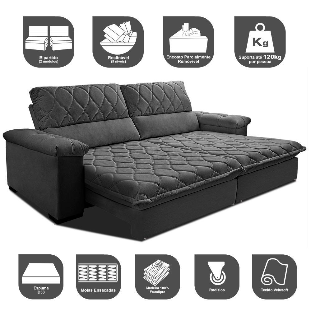 Sofá Retrátil e Reclinável 2,95m Molas Ensacadas Cama inBox Big Home com Bordado 3D Velusoft Cinza - 3
