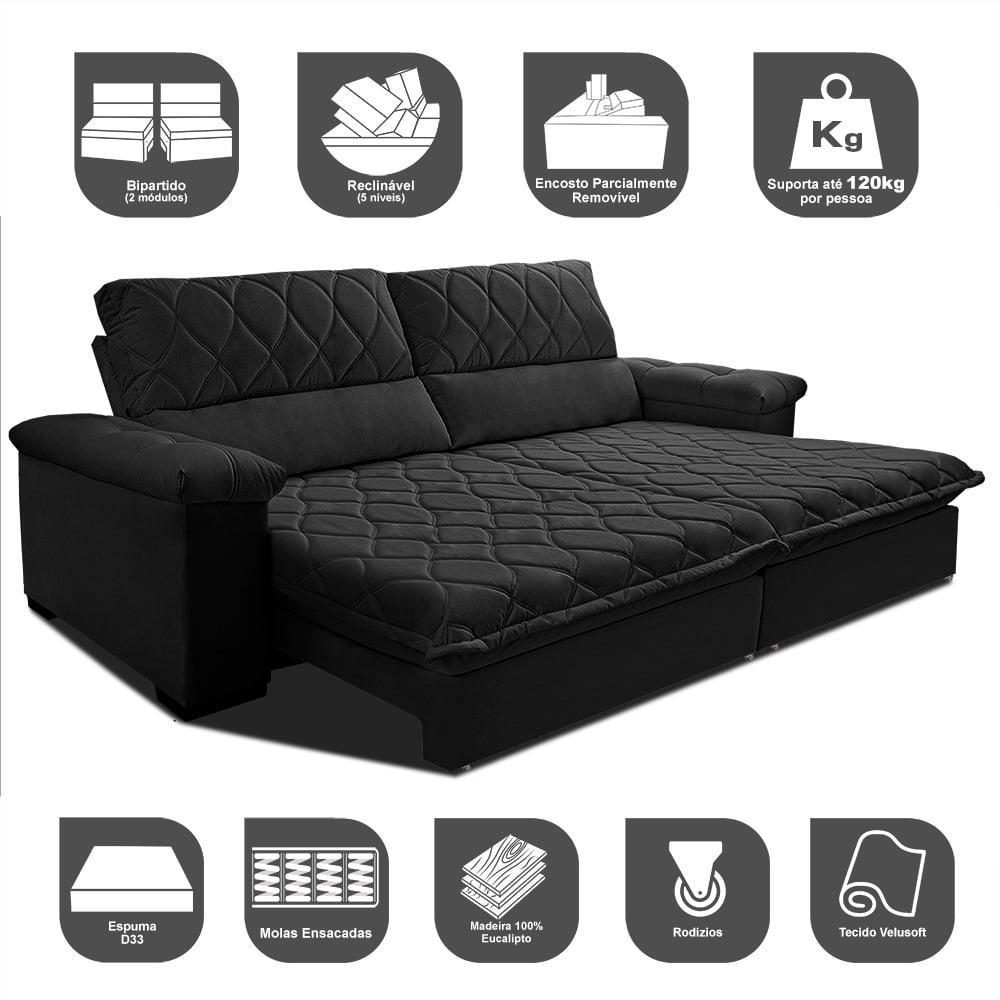 Sofá Retrátil e Reclinável 2,95m Molas Ensacadas Cama inBox Big Home com Bordado 3D Velusoft Preto - 3