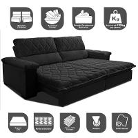 Sofá Retrátil e Reclinável 2,95m Molas Ensacadas Cama inBox Big Home com Bordado 3D Velusoft Preto - 3