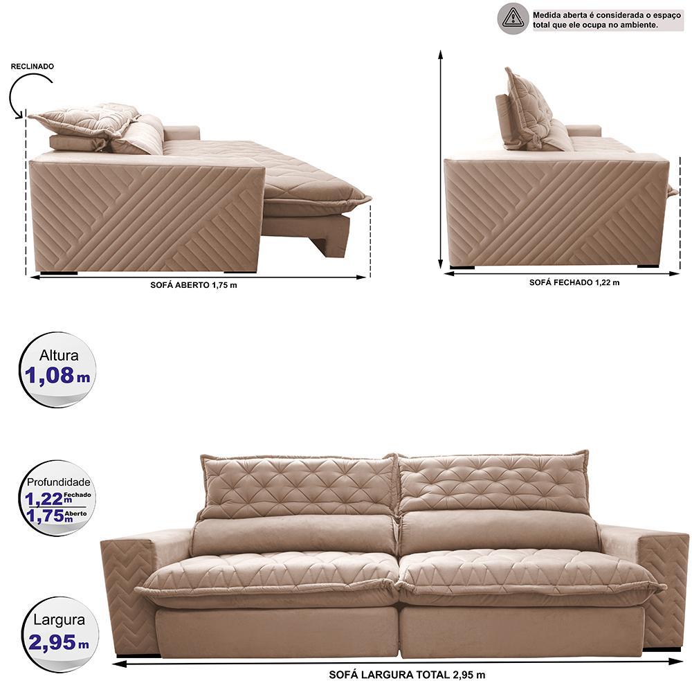 Sofá Retrátil e Reclinável 2,95m Molas Ensacadas Cama inBox Spazus com Bordado 3D Velusoft Bege - 3