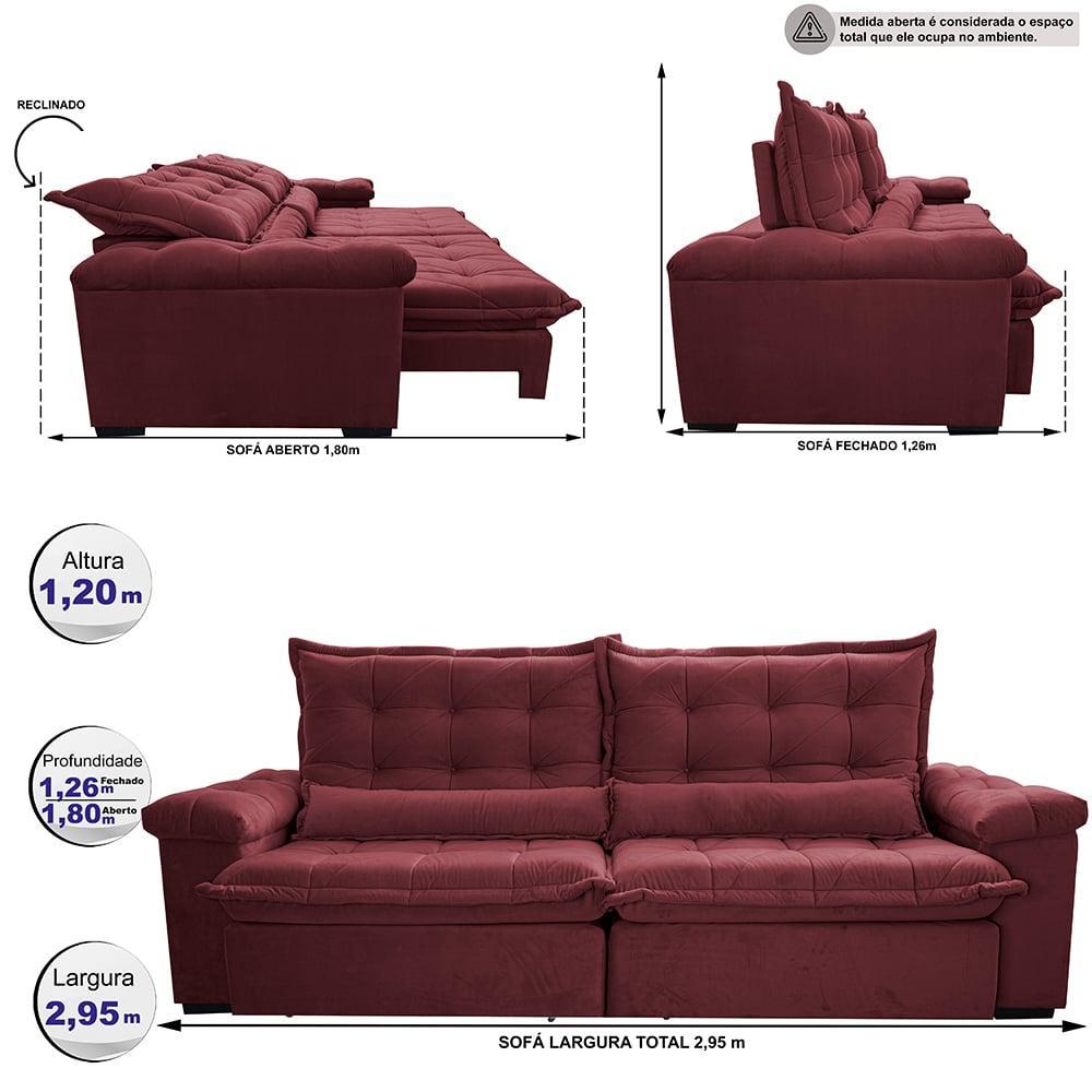 Sofá Retrátil e Reclinável 2,95m Cama inBox Big Fresh com SoftGel D40 Velupluma Vinho - 2