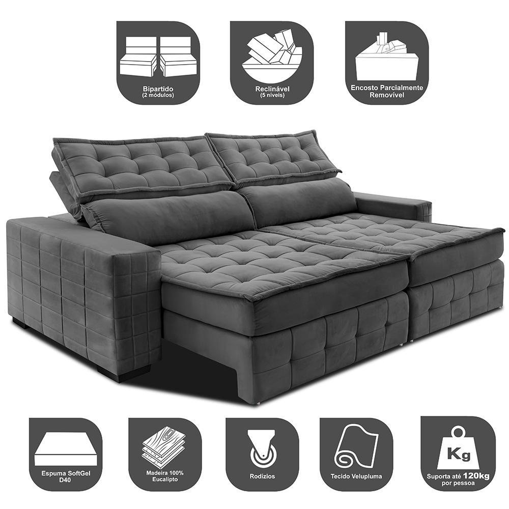 Sofá Retrátil e Reclinável 2,95m Cama inBox Big Puffer com SoftGel D40 Velupluma Cinza - 3