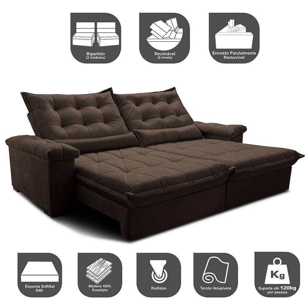 Sofá Retrátil e Reclinável 2,95m Cama inBox Big Fresh com SoftGel D40 Velupluma Café - 3