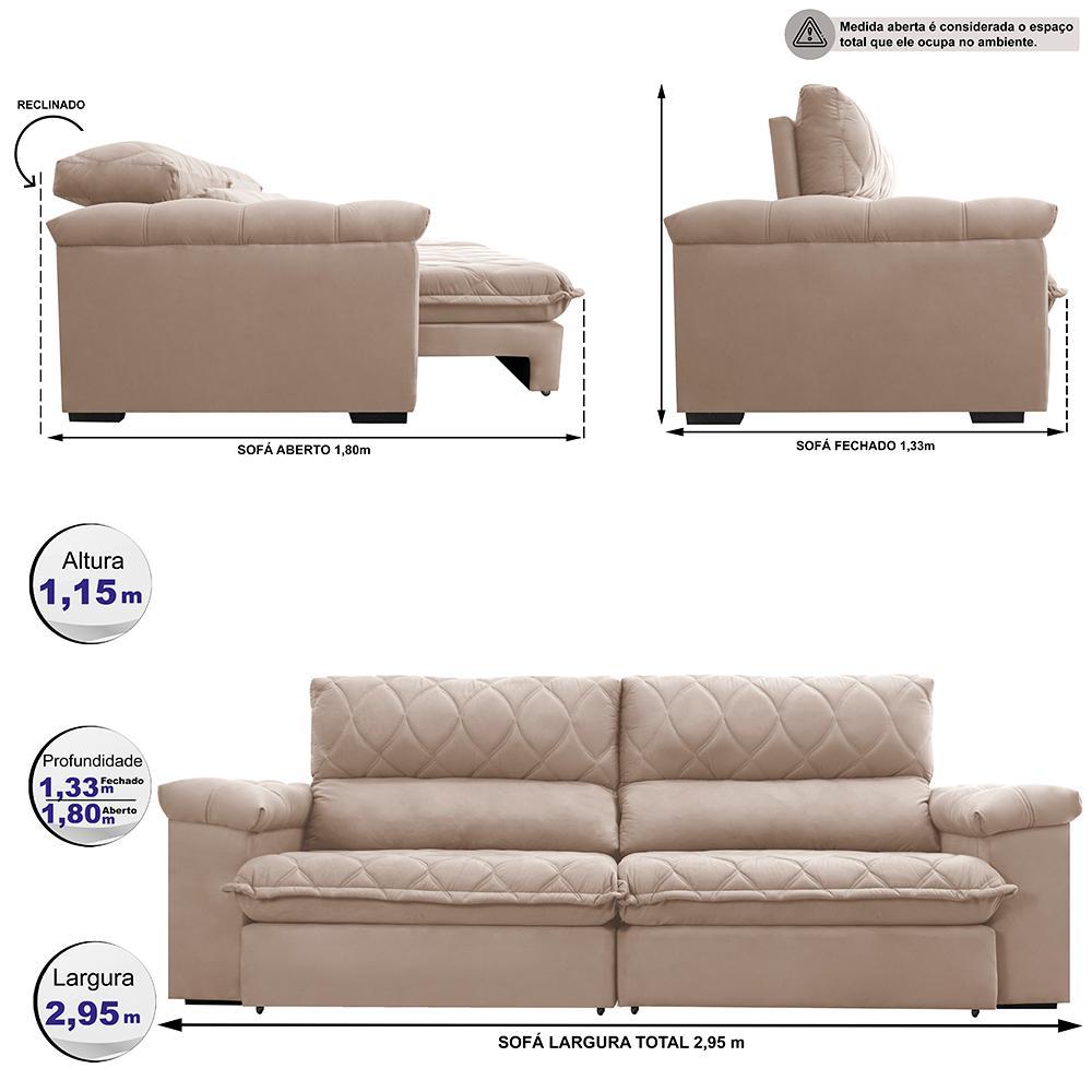 Sofá Retrátil e Reclinável 2,95m Molas Ensacadas Cama inBox Big Home com Bordado 3D Velusoft Bege - 2