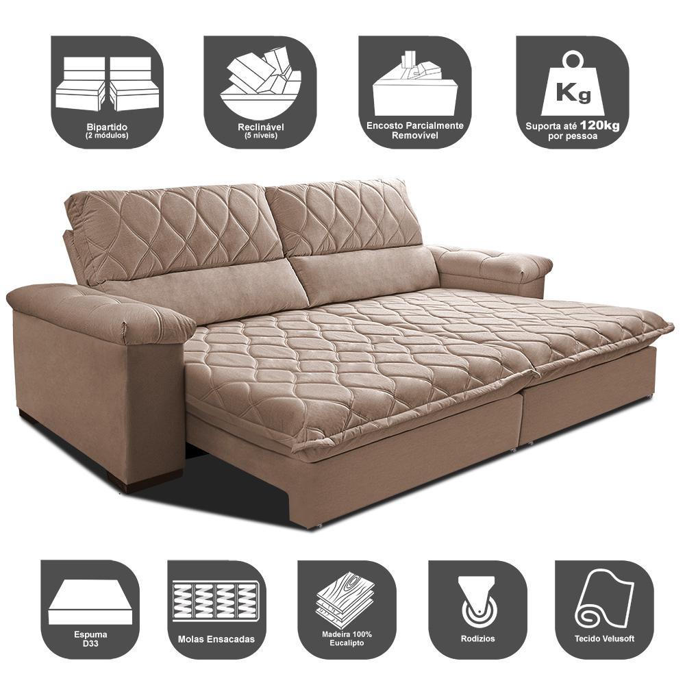Sofá Retrátil e Reclinável 2,95m Molas Ensacadas Cama inBox Big Home com Bordado 3D Velusoft Bege - 3