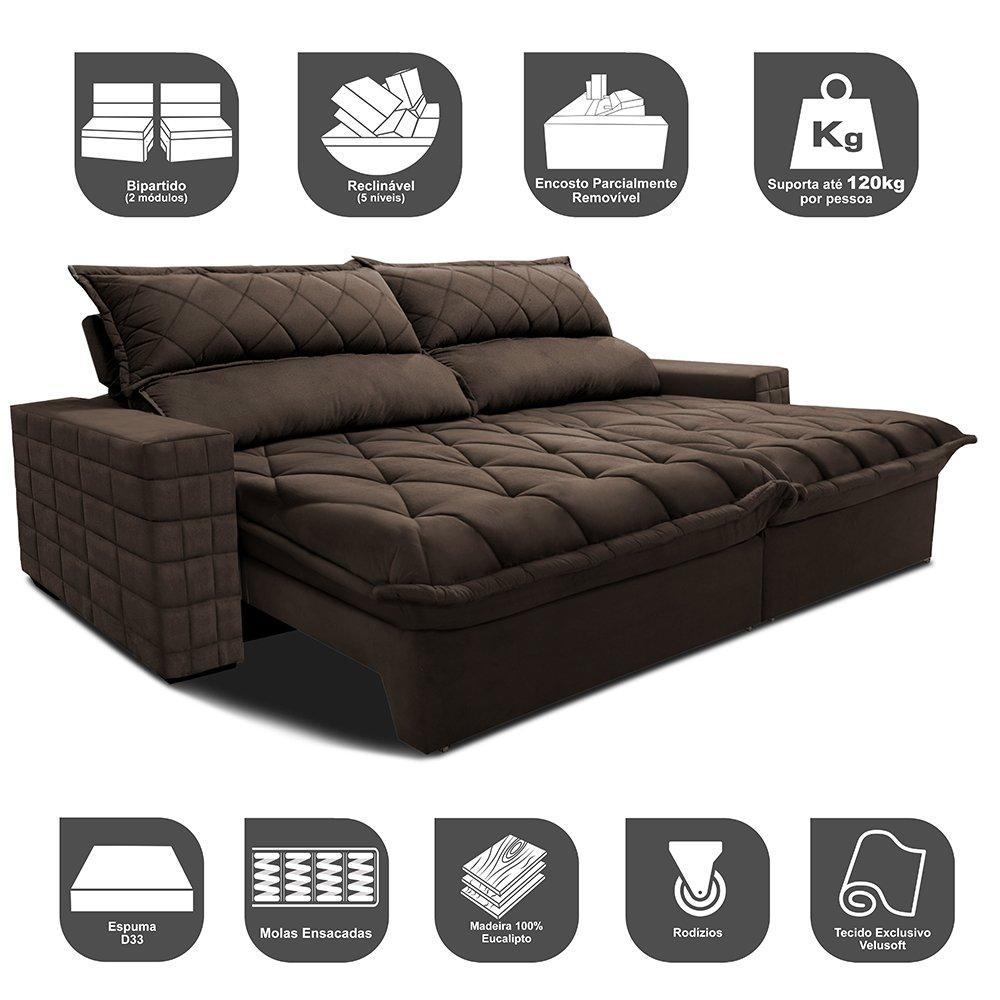 Sofá Retrátil e Reclinável 2,95m Molas Ensacadas Cama inBox Elegance com ThermoGel Velusoft Café - 3