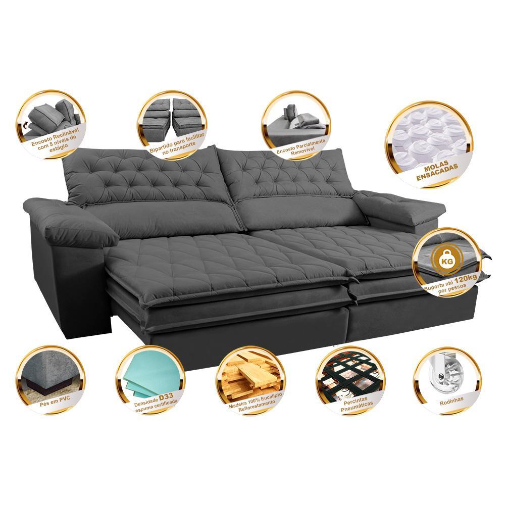 Sofá Retrátil e Reclinável 2,92m Molas Ensacadas Cama inBox Alemanha com Espuma Viscoelástico Velusoft Cinza - 3