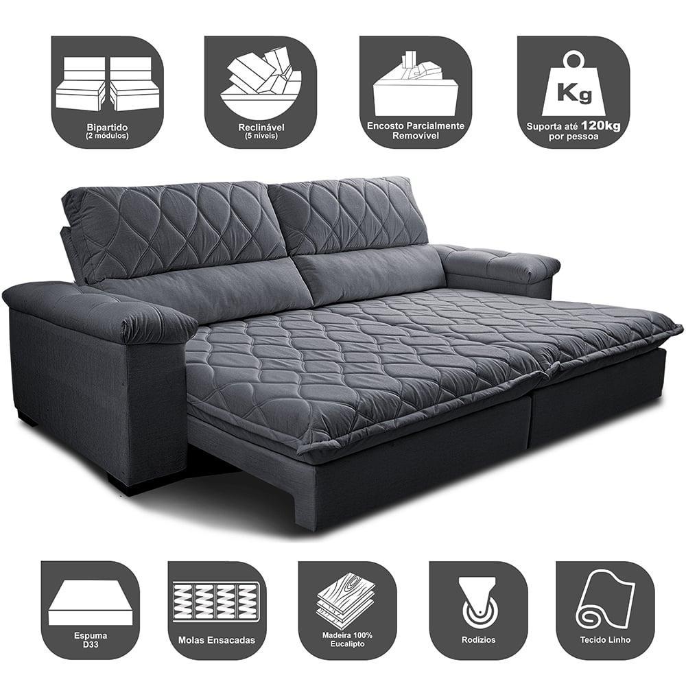 Sofá Retrátil e Reclinável 2,95m Molas Ensacadas Cama inBox Big Home com Bordado 3D Linho Cinza Escuro - 3