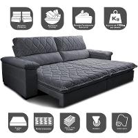 Sofá Retrátil e Reclinável 2,95m Molas Ensacadas Cama inBox Big Home com Bordado 3D Linho Cinza Escuro - 3