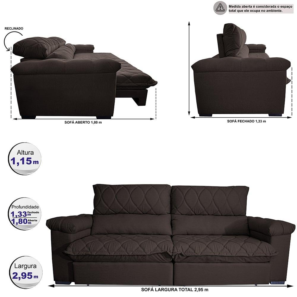 Sofá Retrátil e Reclinável 2,95m Molas Ensacadas Cama inBox Big Home com Bordado 3D Linho Marrom - 2