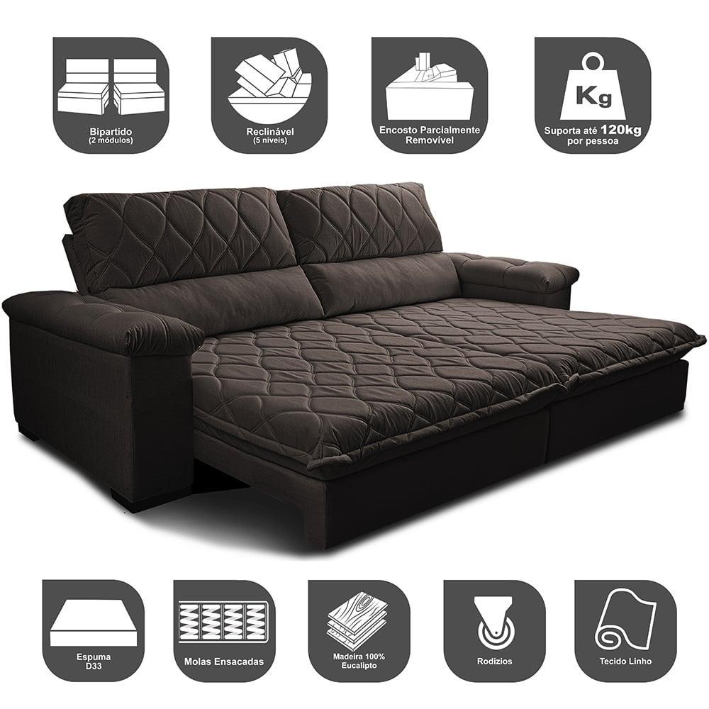 Sofá Retrátil e Reclinável 2,95m Molas Ensacadas Cama inBox Big Home com Bordado 3D Linho Marrom - 3