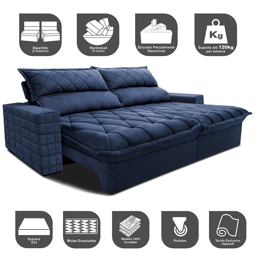 Sofá Retrátil e Reclinável 2,95m Molas Ensacadas Cama inBox Elegance com ThermoGel Velusoft Azul - 3