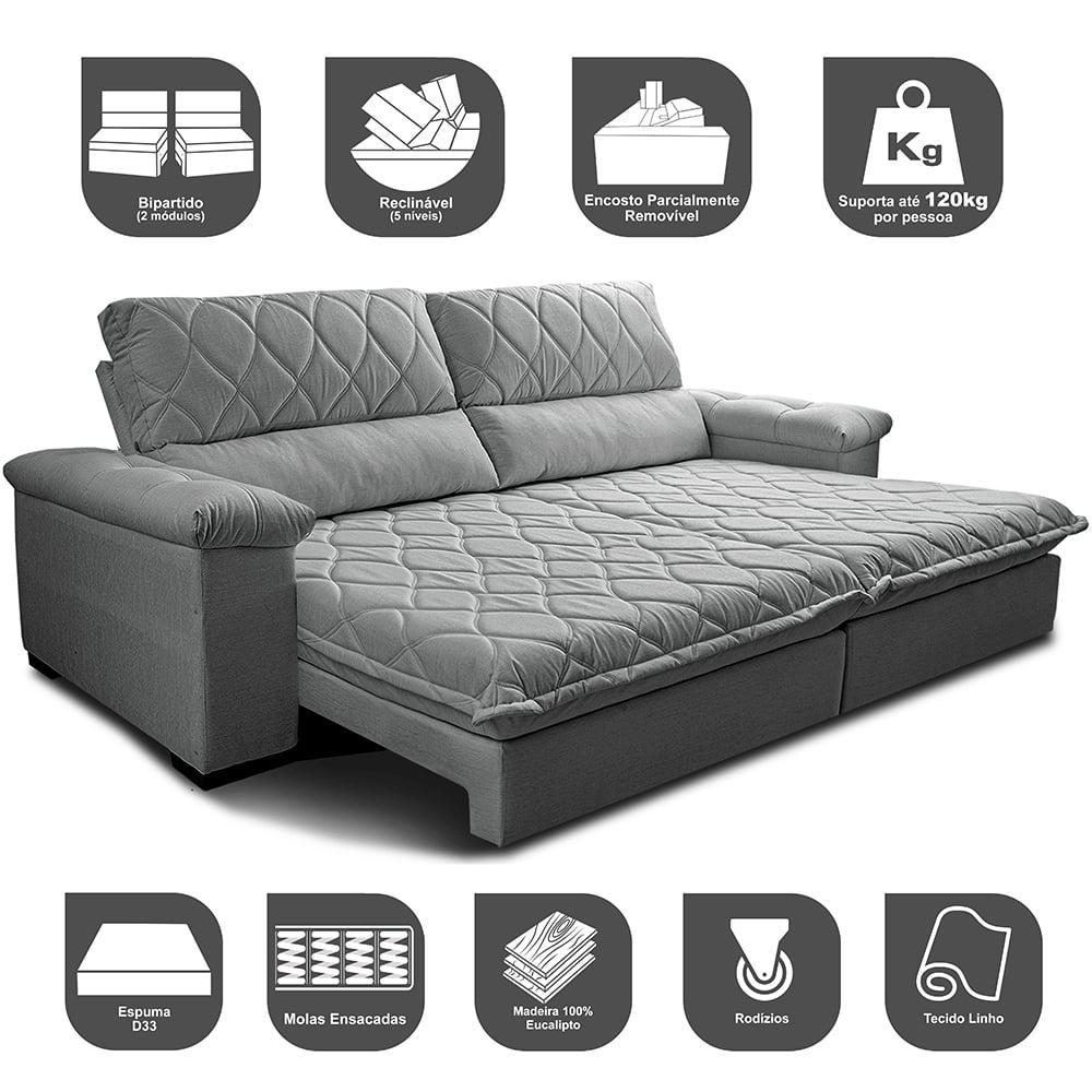 Sofá Retrátil e Reclinável 2,95m Molas Ensacadas Cama inBox Big Home com Bordado 3D Linho Cinza Claro - 3