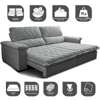 Sofá Retrátil e Reclinável 2,95m Molas Ensacadas Cama inBox Big Home com Bordado 3D Linho Cinza Claro - 3