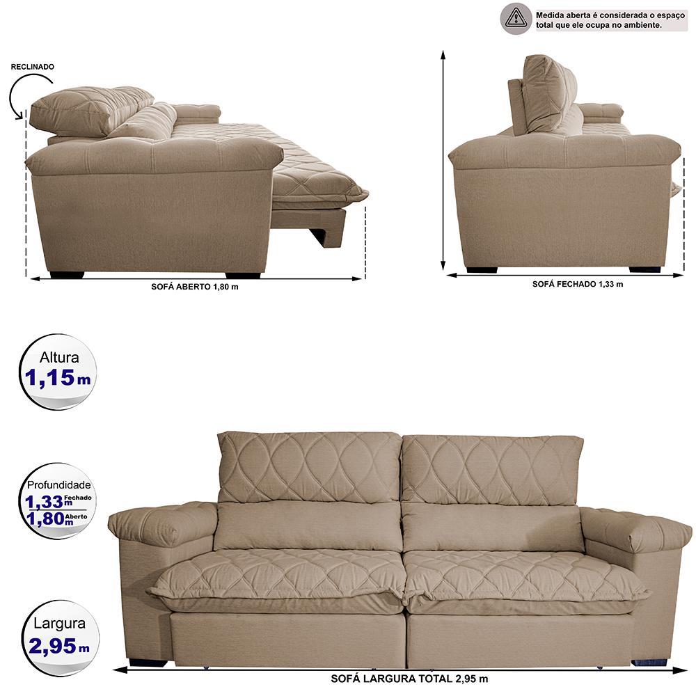 Sofá Retrátil e Reclinável 2,95m Molas Ensacadas Cama inBox Big Home com Bordado 3D Linho Bege Escuro - 2