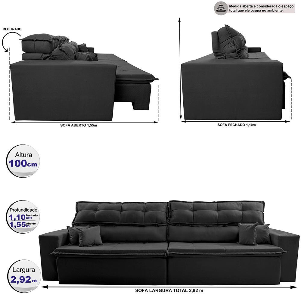 Sofá Retrátil e Reclinável 2,92m Luxos Cama inBox Velusoft Preto - 3