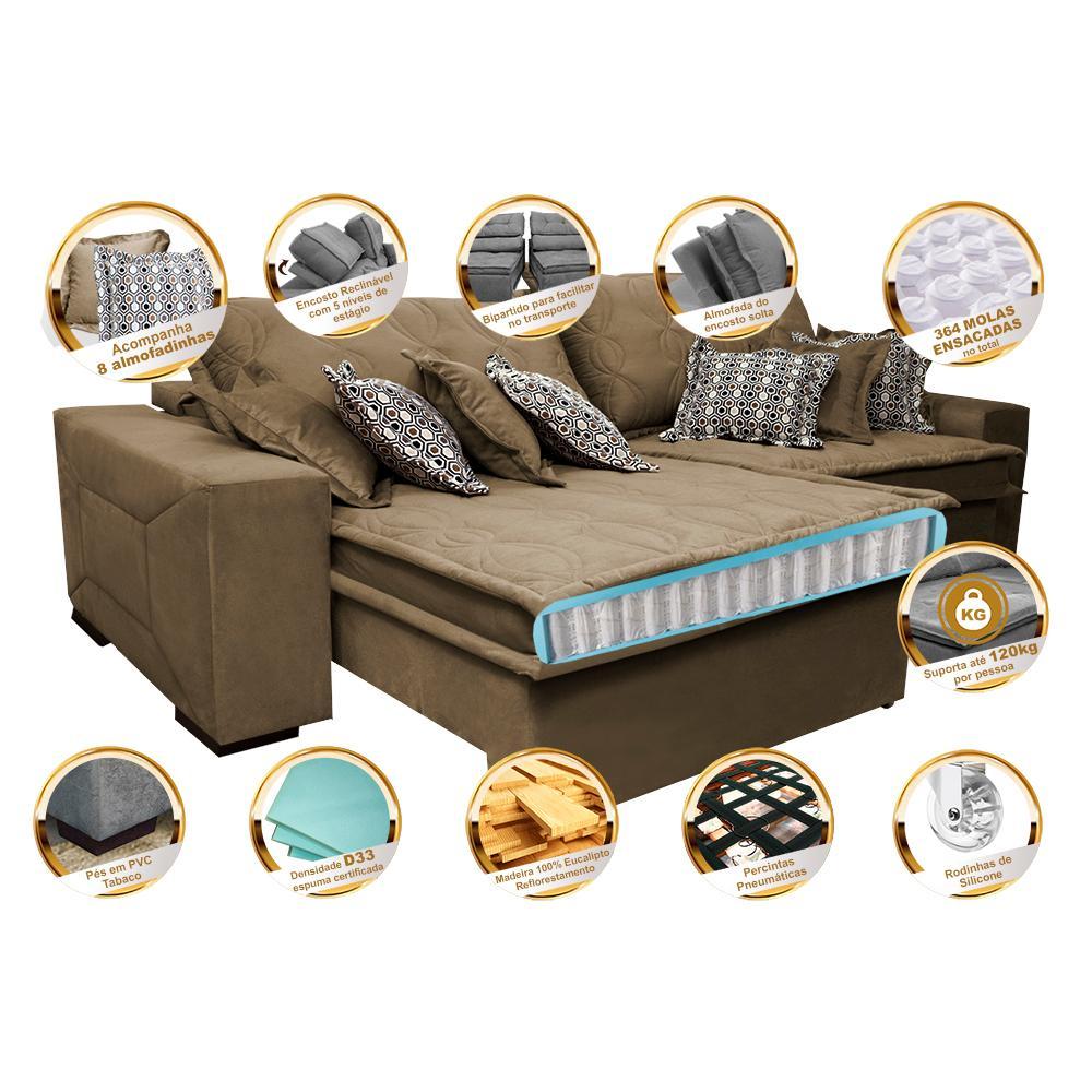 Sofá Retrátil e Reclinável 3,12m com Molas Ensacadas Cama Inbox Supreme Tecido Suede Velusoft Castor - 3