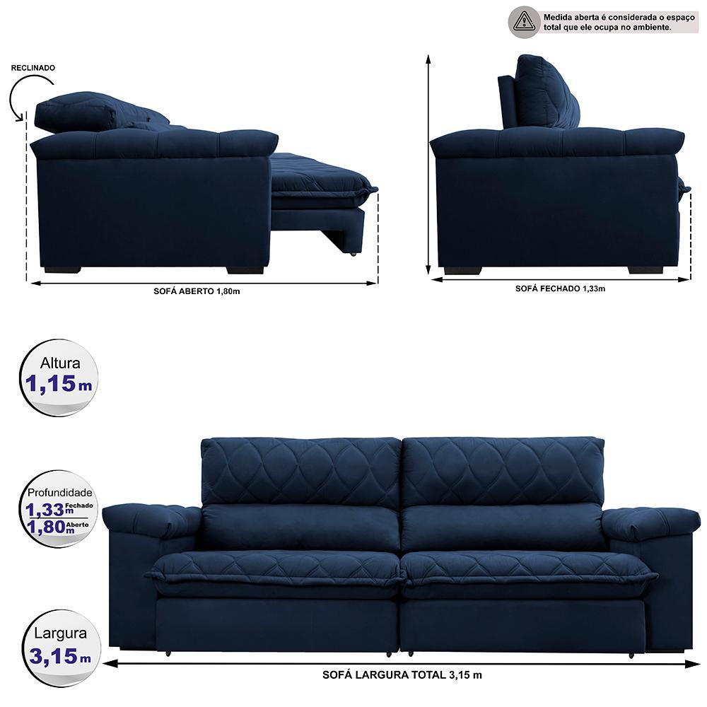 Sofá Retrátil e Reclinável 3,15m Molas Ensacadas Cama inBox Big Home com Bordado 3D Velusoft Azul - 2