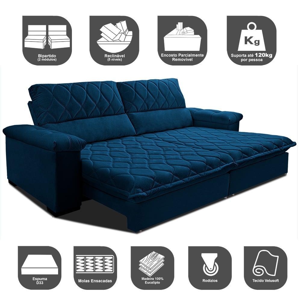 Sofá Retrátil e Reclinável 3,15m Molas Ensacadas Cama inBox Big Home com Bordado 3D Velusoft Azul - 3