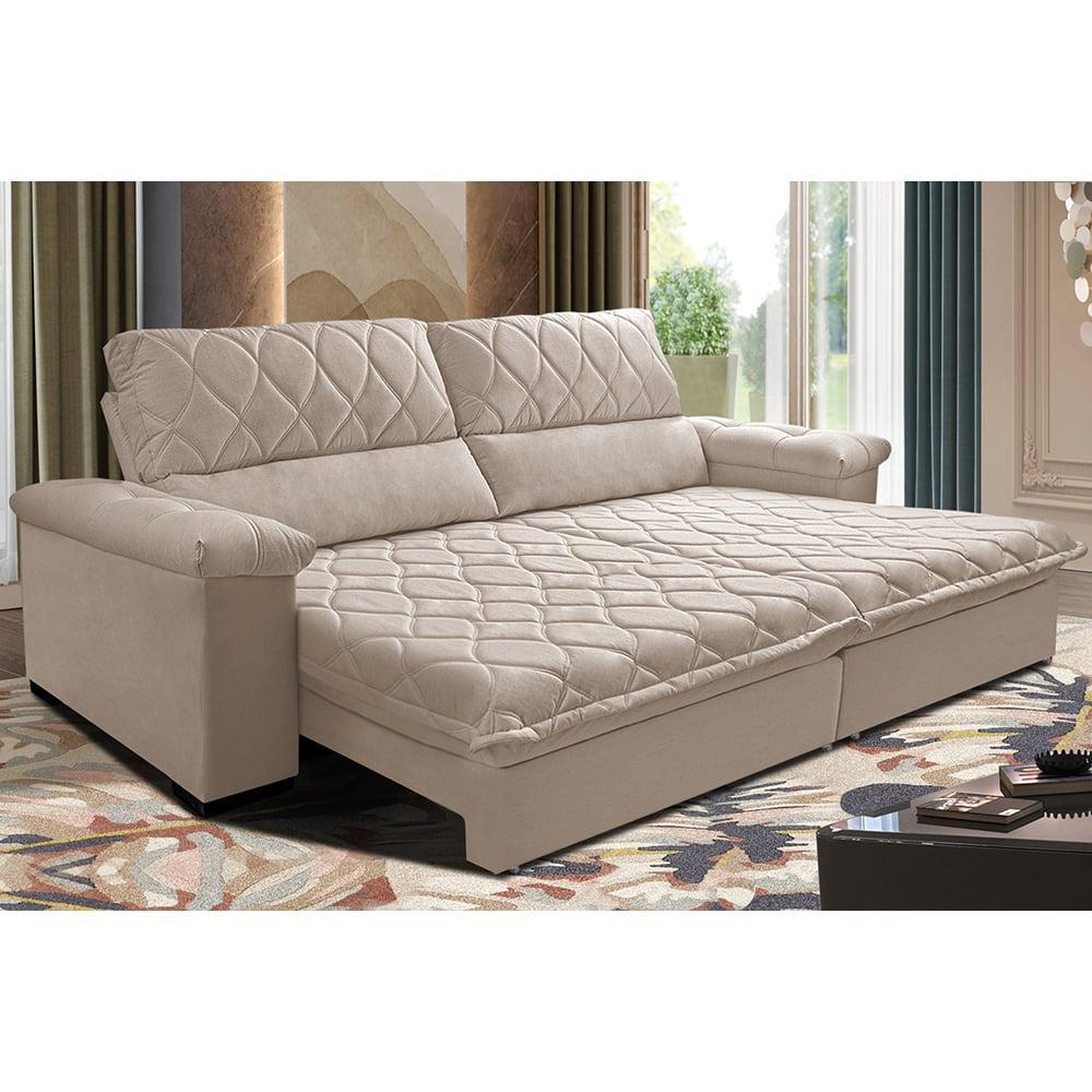 Sofá Retrátil e Reclinável 3,15m Molas Ensacadas Cama inBox Big Home com Bordado 3D Velusoft Bege - 1