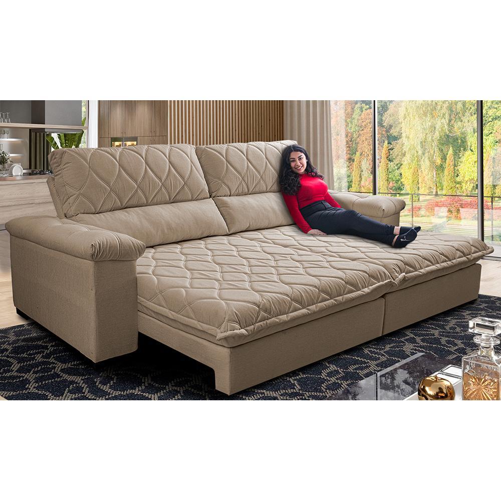 Sofá Retrátil e Reclinável 3,15m Molas Ensacadas Cama inBox Big Home com Bordado 3D Linho Bege Escuro - 1