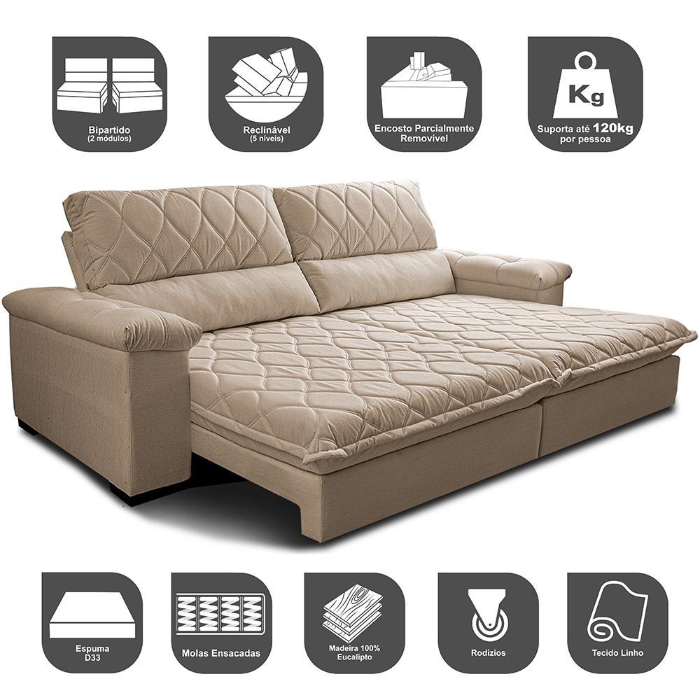 Sofá Retrátil e Reclinável 3,15m Molas Ensacadas Cama inBox Big Home com Bordado 3D Linho Bege Escuro - 3