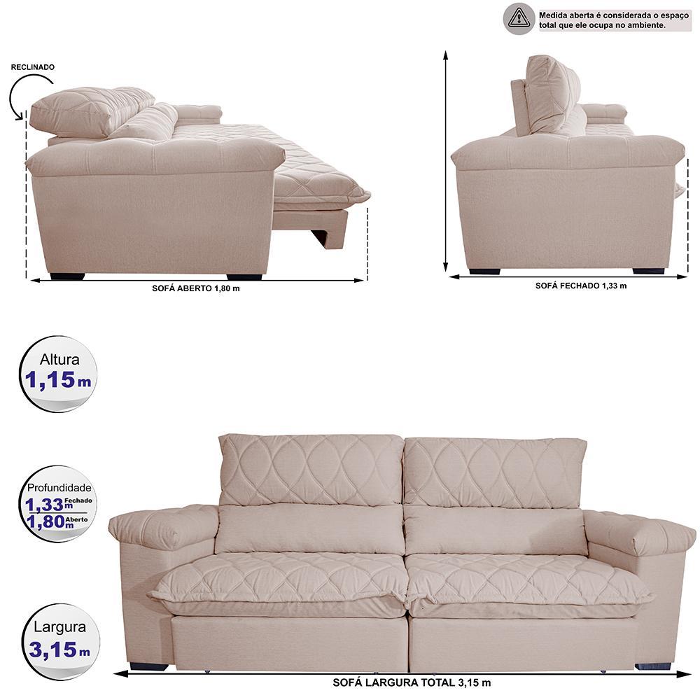 Sofá Retrátil e Reclinável 3,15m Molas Ensacadas Cama inBox Big Home com Bordado 3D Linho Bege Claro - 2