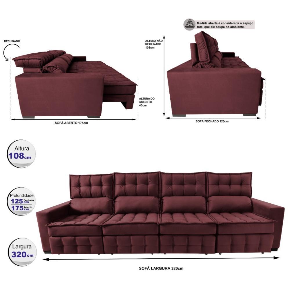 Sofá Retrátil e Reclinável 3,20m Molas Ensacadas e Costura Tripla Cama inBox Nobre Suede Vinho - 2