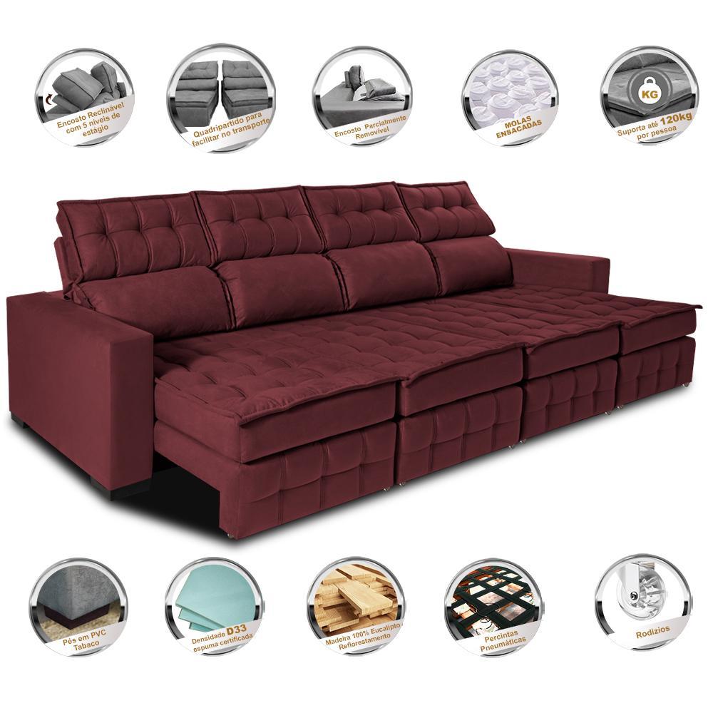 Sofá Retrátil e Reclinável 3,20m Molas Ensacadas e Costura Tripla Cama inBox Nobre Suede Vinho - 3