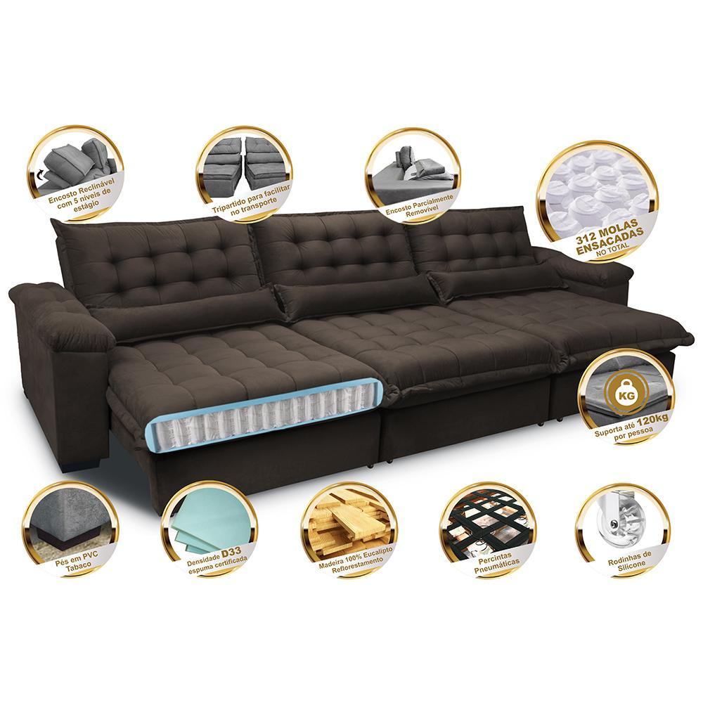 Sofá Retrátil e Reclinável 3,22m com Molas Ensacadas Cama inBox Aconchego Tecido Suede Café - 3