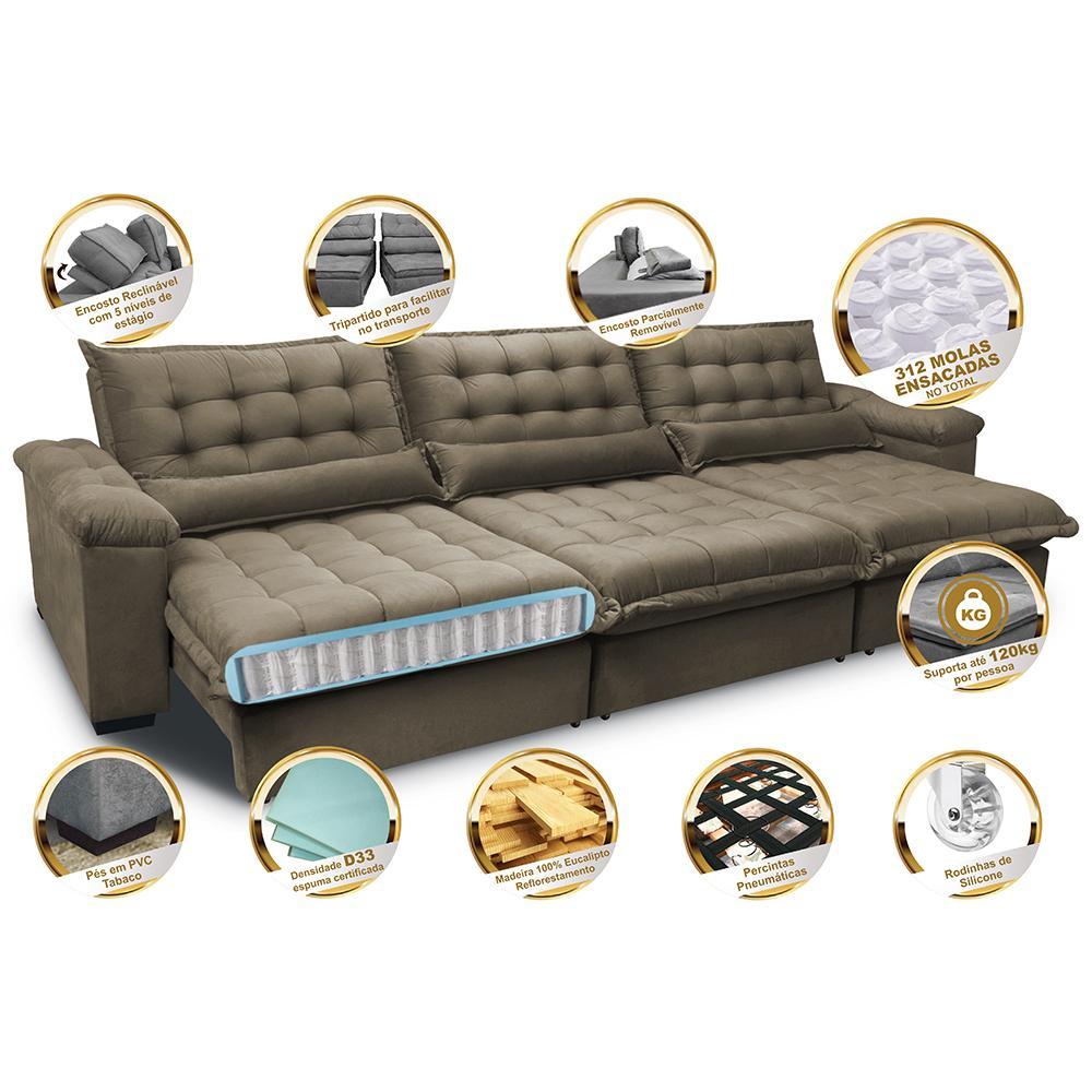Sofá Retrátil e Reclinável 3,22m com Molas Ensacadas Cama inBox Aconchego Tecido Suede Castor - 3