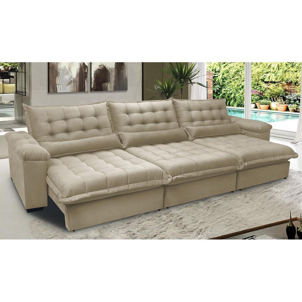 Sofá Retrátil e Reclinável 3,22m com Molas Ensacadas Cama inBox Aconchego Tecido Suede Bege - 1