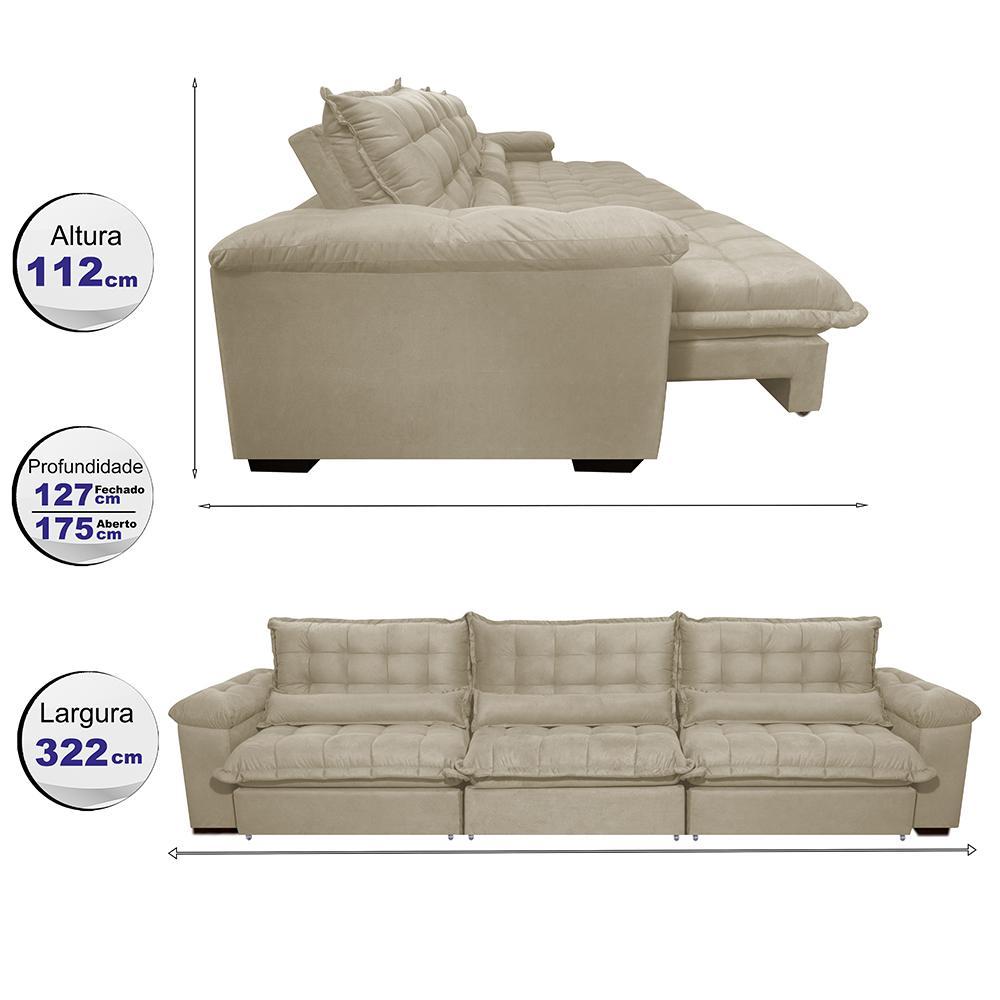 Sofá Retrátil e Reclinável 3,22m com Molas Ensacadas Cama inBox Aconchego Tecido Suede Bege - 2