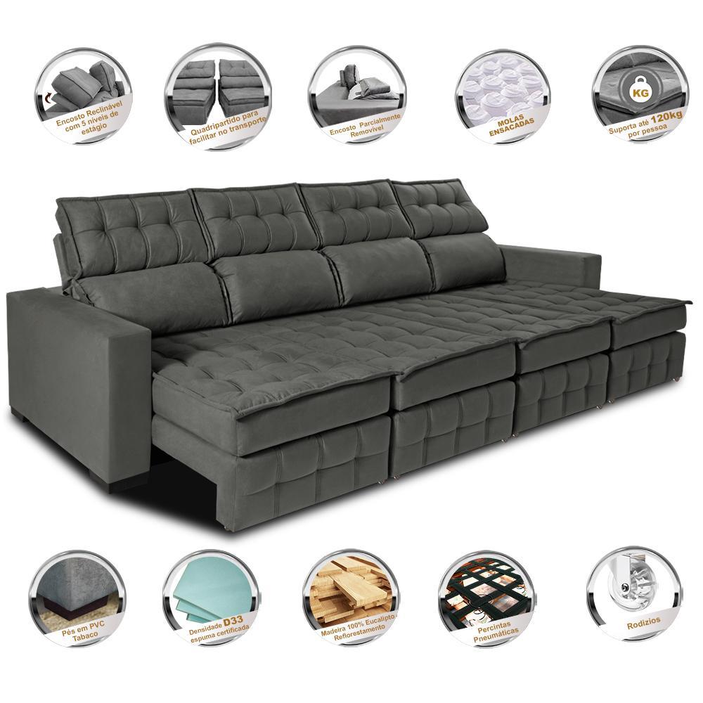 Sofá Retrátil e Reclinável 3,20m Molas Ensacadas e Costura Tripla Cama inBox Nobre Suede Cinza - 2