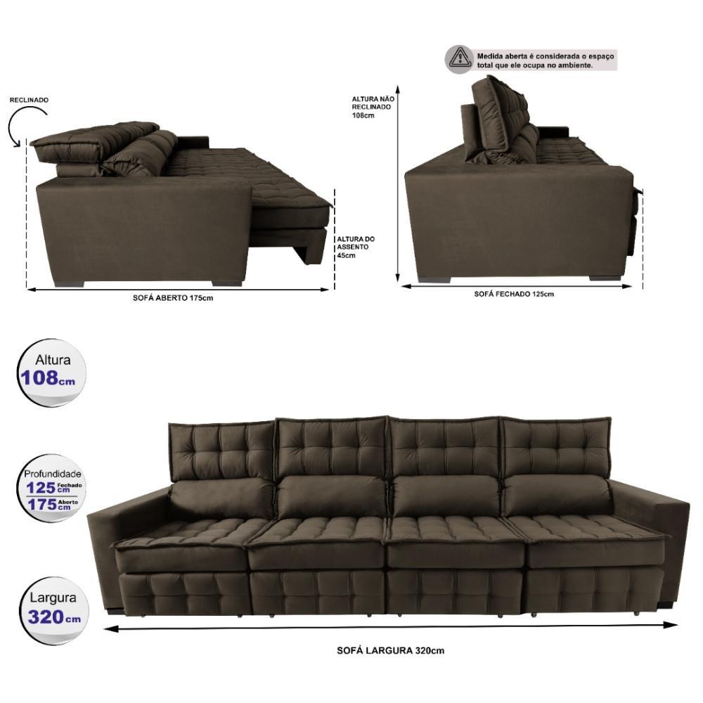 Sofá Retrátil e Reclinável 3,20m Molas Ensacadas e Costura Tripla Cama inBox Nobre Suede Café - 2