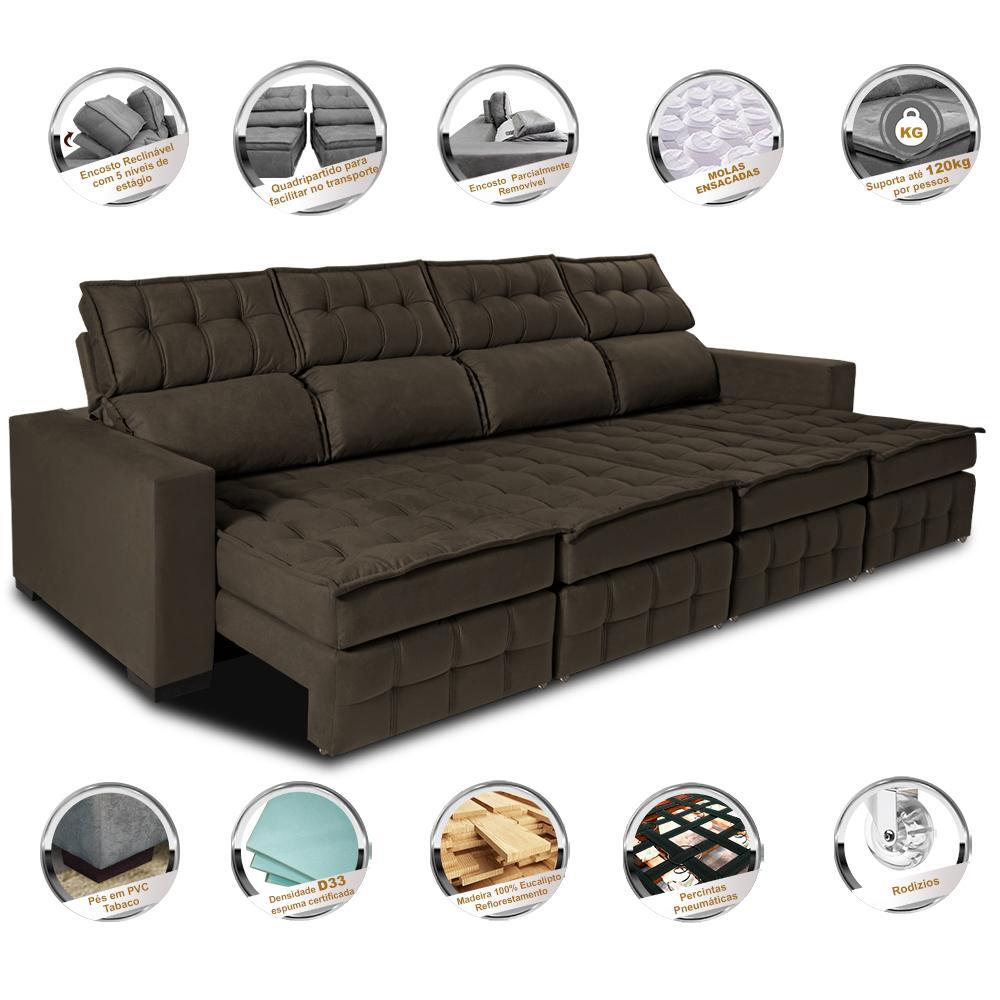 Sofá Retrátil e Reclinável 3,20m Molas Ensacadas e Costura Tripla Cama inBox Nobre Suede Café - 3