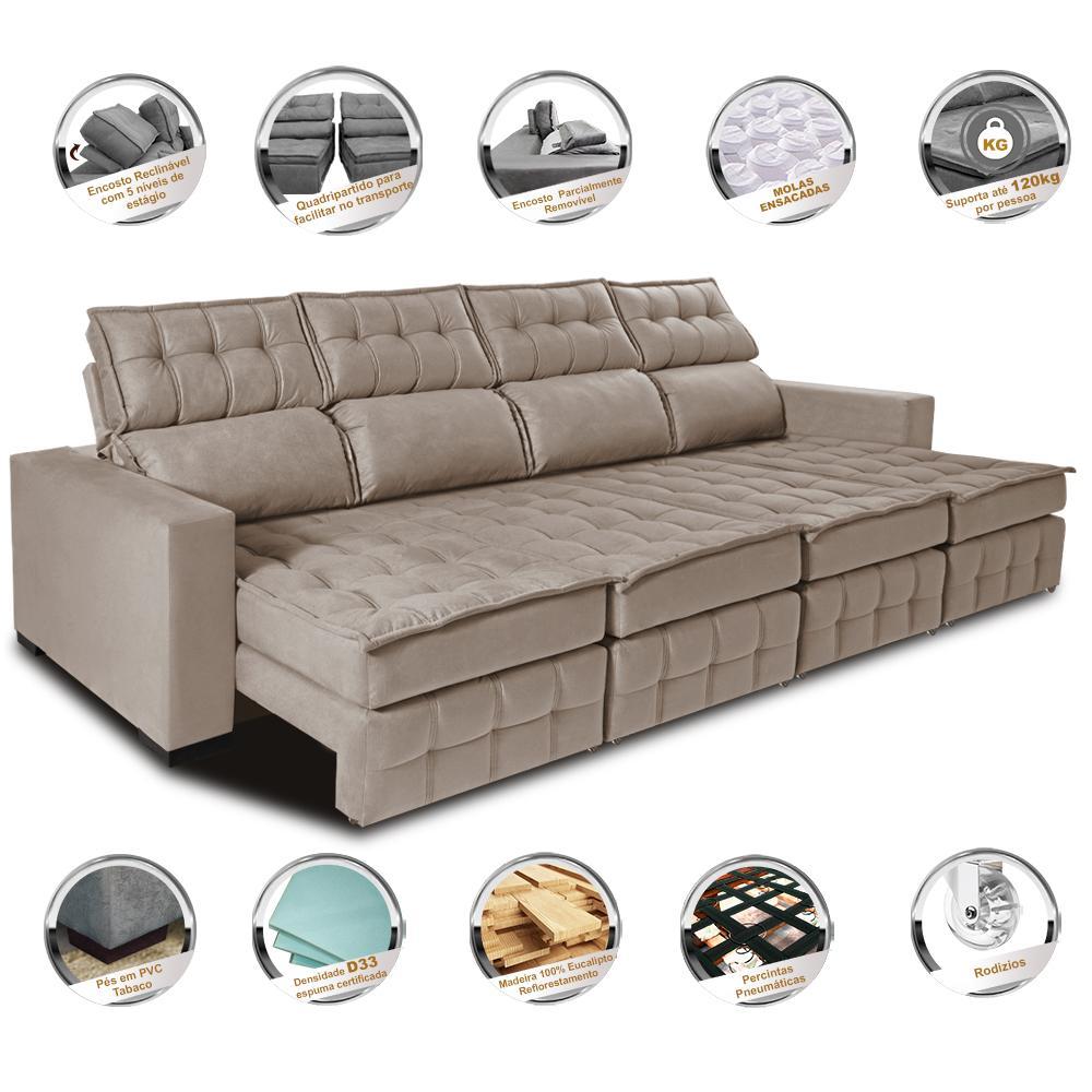 Sofá Retrátil e Reclinável 3,20m Molas Ensacadas e Costura Tripla Cama inBox Nobre Suede Bege - 3