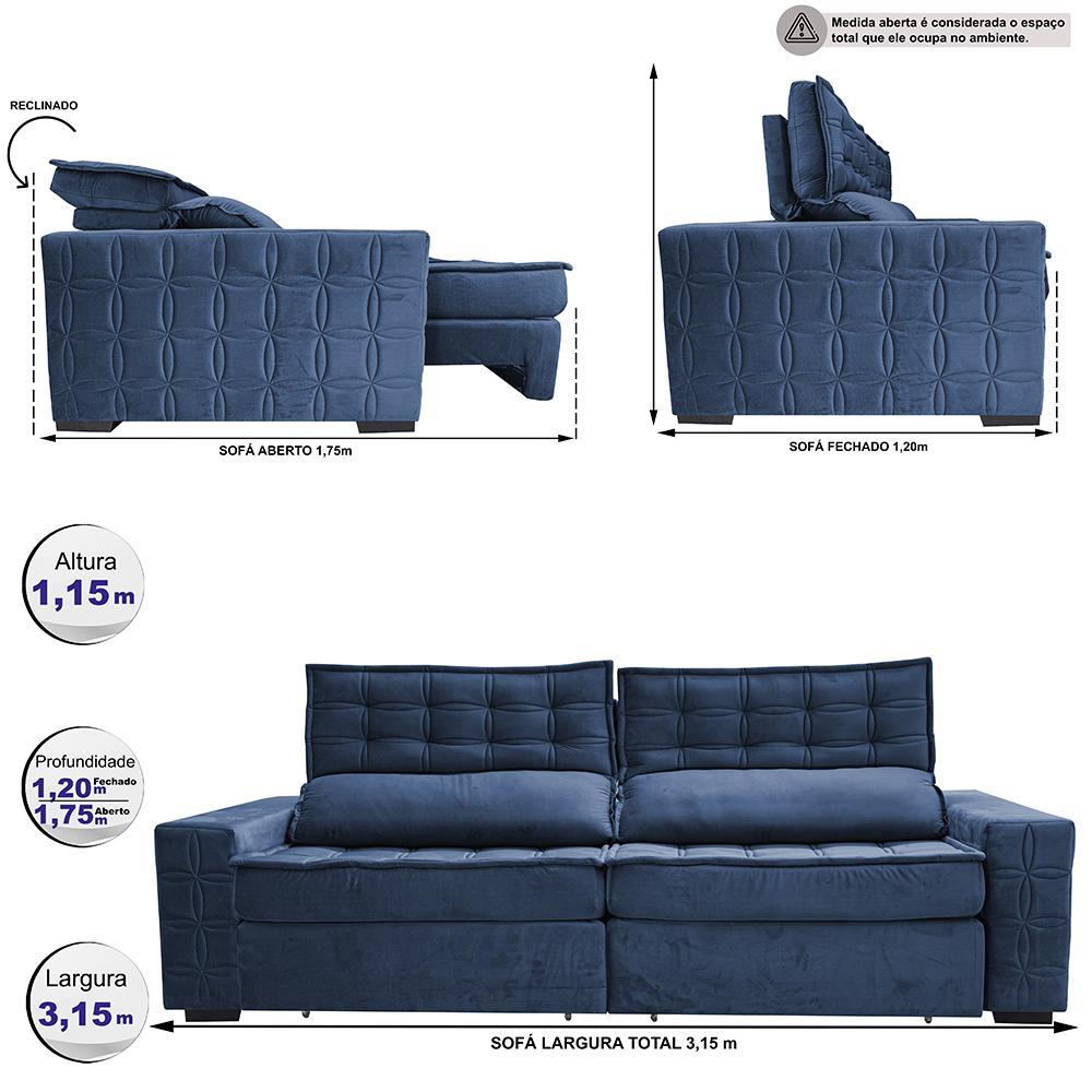 Sofá Retrátil e Reclinável 3,15m Cama inBox Big Star com SoftGel D40 Velupluma Azul - 2