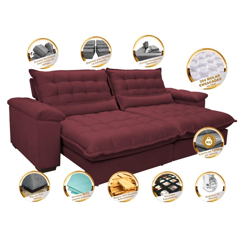 Sofá Retrátil e Reclinável 3,12m com Molas Ensacadas Cama inBox Aconchego Tecido Suede Vinho - 3