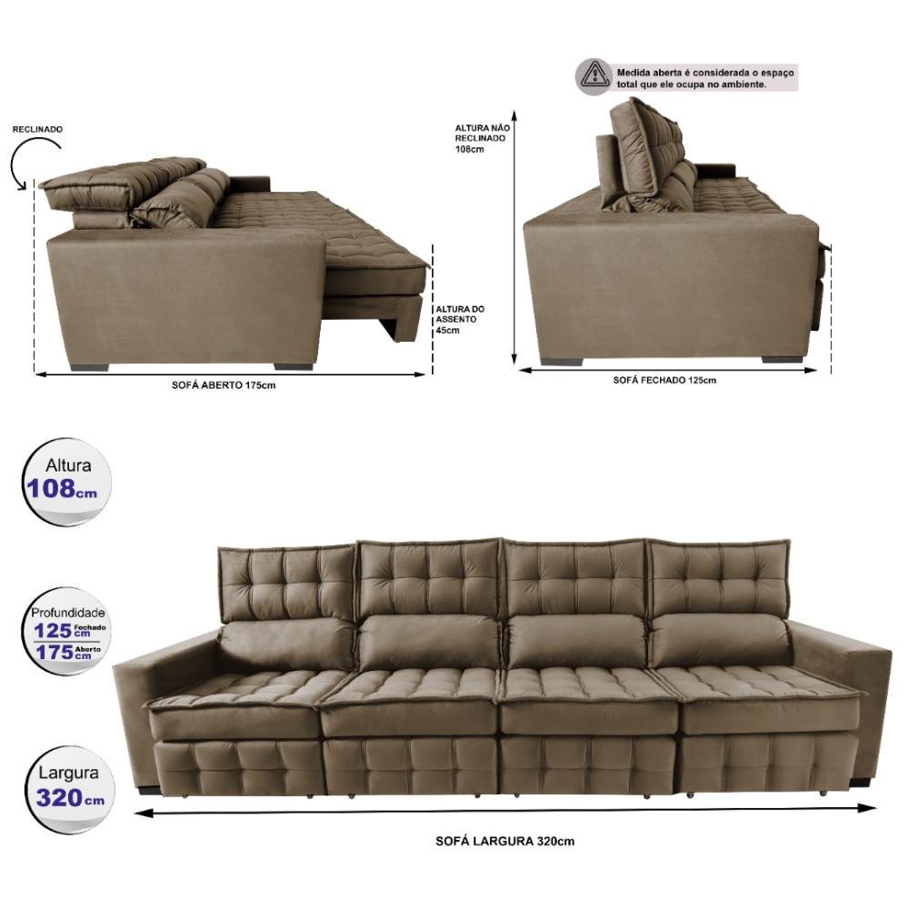 Sofá Retrátil e Reclinável 3,20m Molas Ensacadas e Costura Tripla Cama inBox Nobre Suede Castor - 2