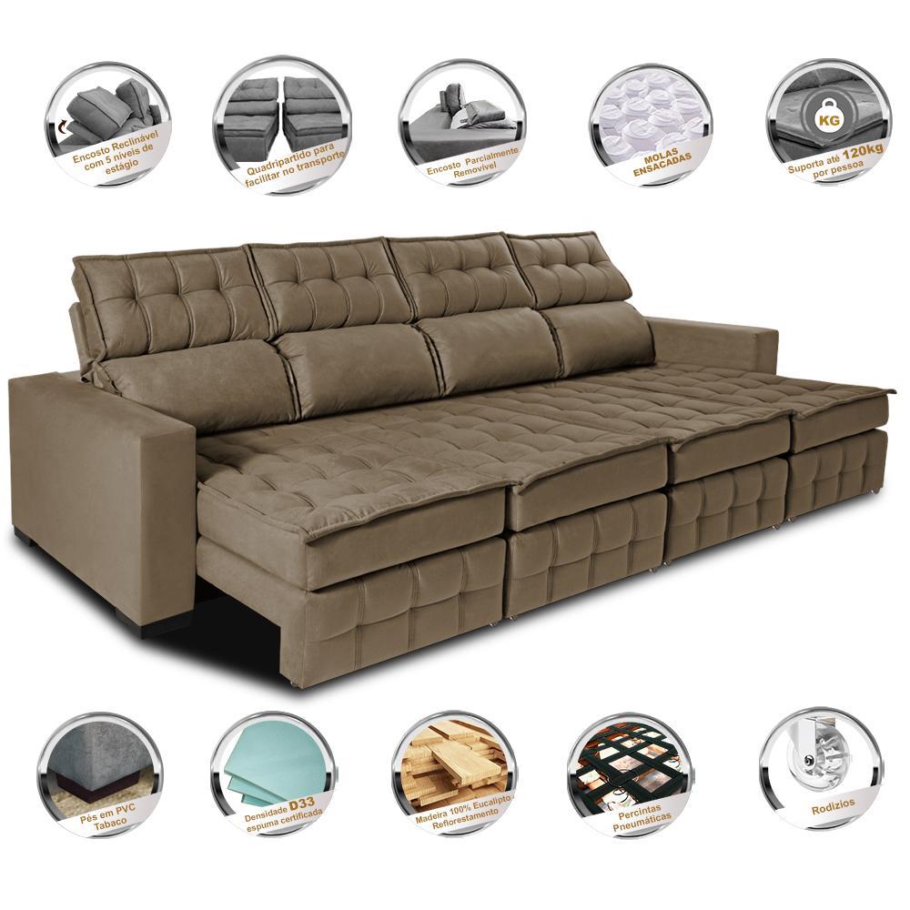 Sofá Retrátil e Reclinável 3,20m Molas Ensacadas e Costura Tripla Cama inBox Nobre Suede Castor - 3