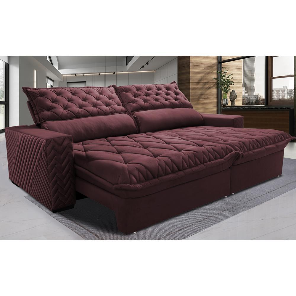 Sofá Retrátil e Reclinável 3,15m Molas Ensacadas Cama inBox Spazus com Bordado 3D Velusoft Vinho - 2