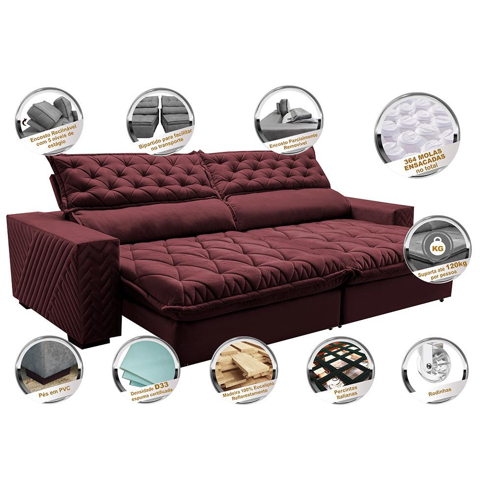 Sofá Retrátil e Reclinável 3,15m Molas Ensacadas Cama inBox Spazus com Bordado 3D Velusoft Vinho - 4