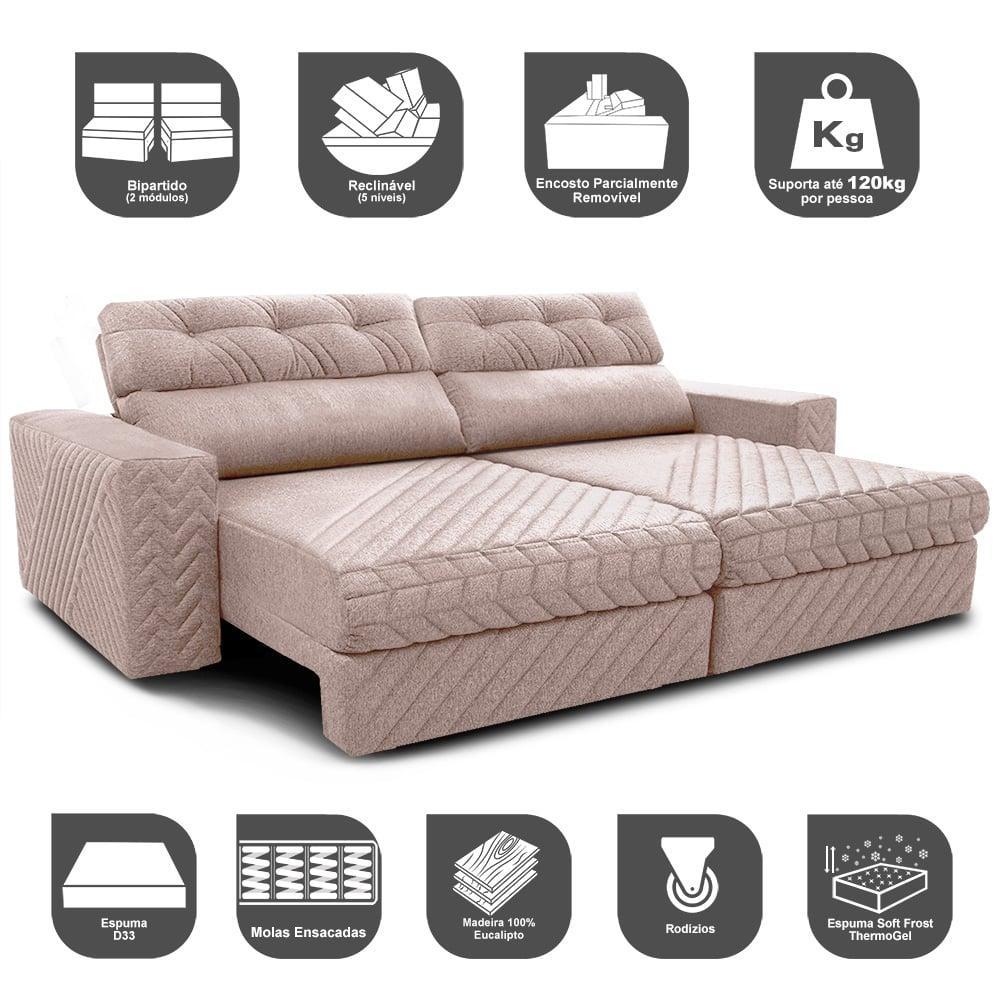 Sofá Retrátil e Reclinável 3,15m Molas Ensacadas Cama inBox Style Thermo Gel Linho Bege Claro - 3