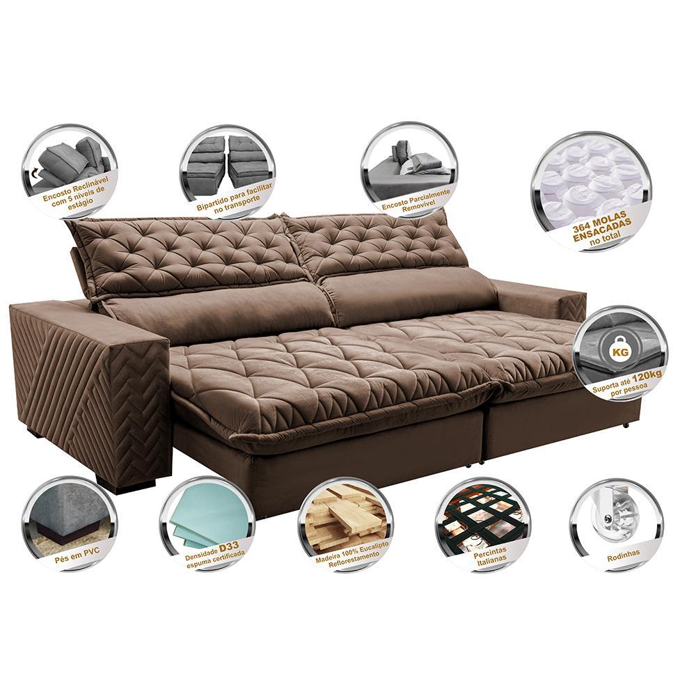 Sofá Retrátil e Reclinável 3,15m Molas Ensacadas Cama inBox Spazus com Bordado 3D Velusoft Castor - 4