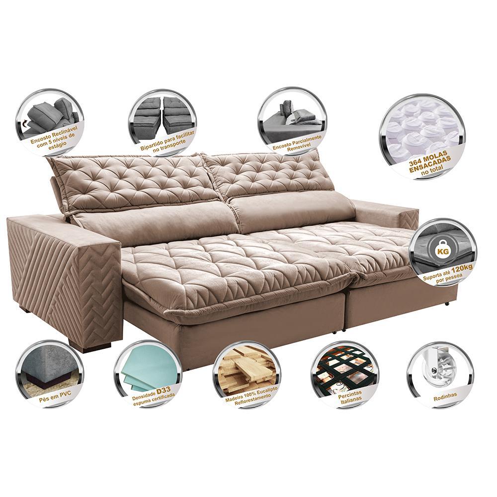 Sofá Retrátil e Reclinável 3,15m Molas Ensacadas Cama inBox Spazus com Bordado 3D Velusoft Bege - 4