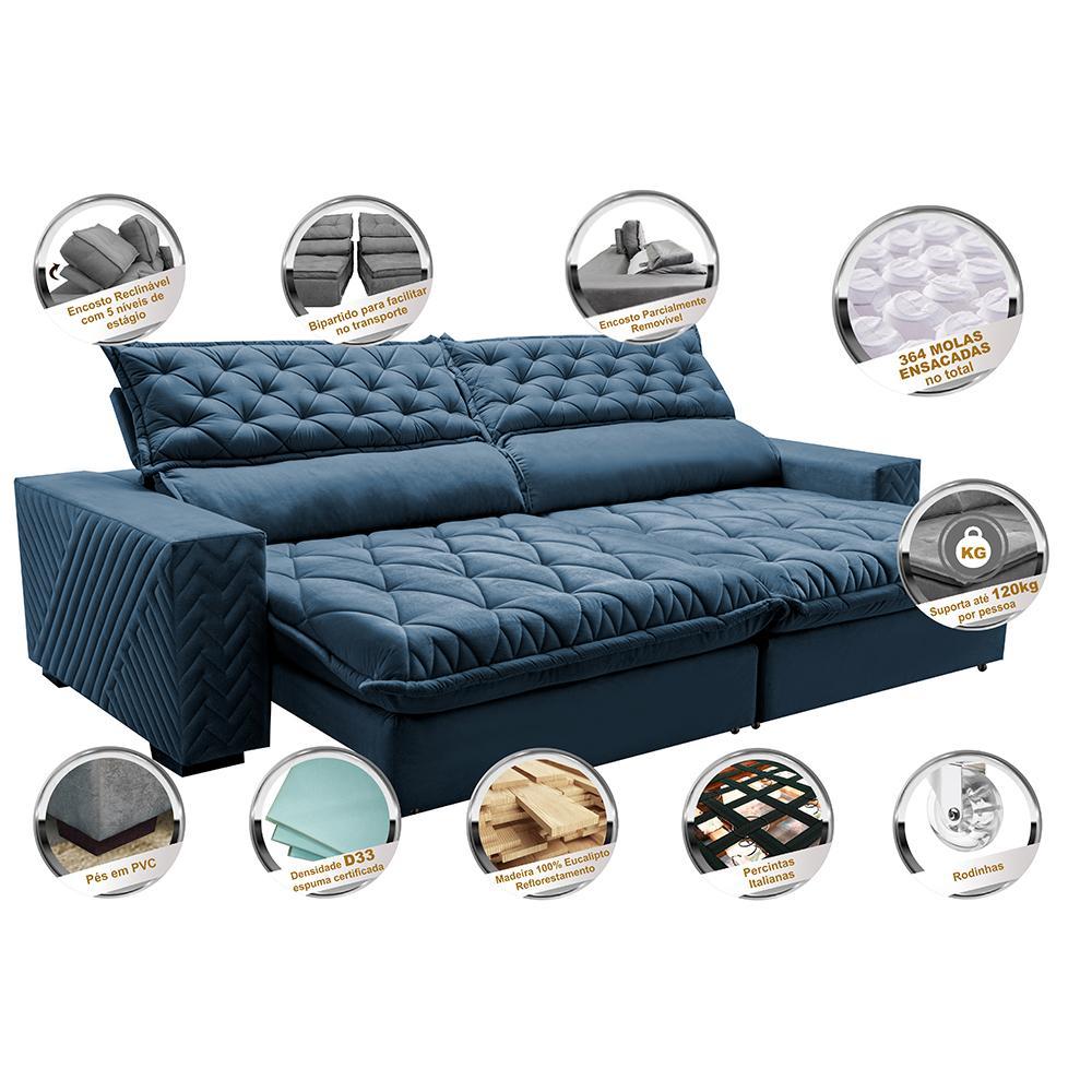 Sofá Retrátil e Reclinável 3,15m Molas Ensacadas Cama inBox Spazus com Bordado 3D Velusoft Azul - 3