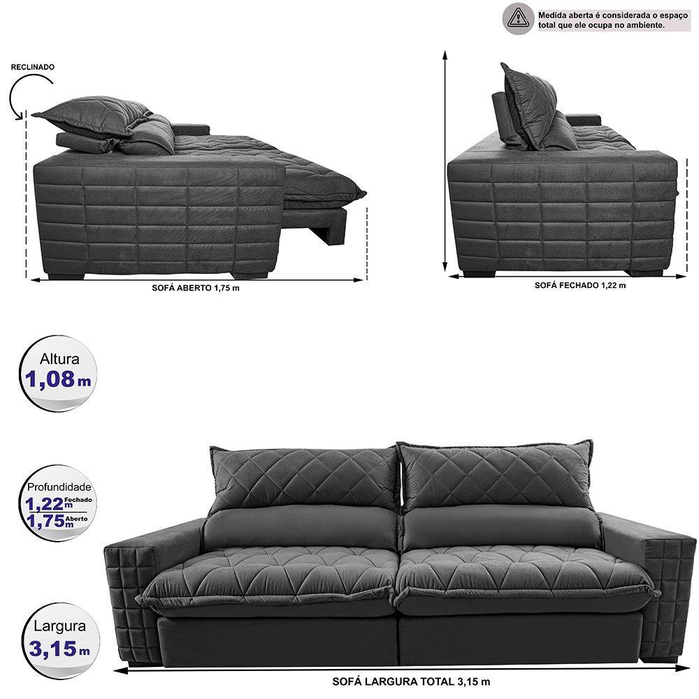 Sofá Retrátil e Reclinável 3,15m Molas Ensacadas Cama inBox Elegance com ThermoGel Velusoft Cinza - 2