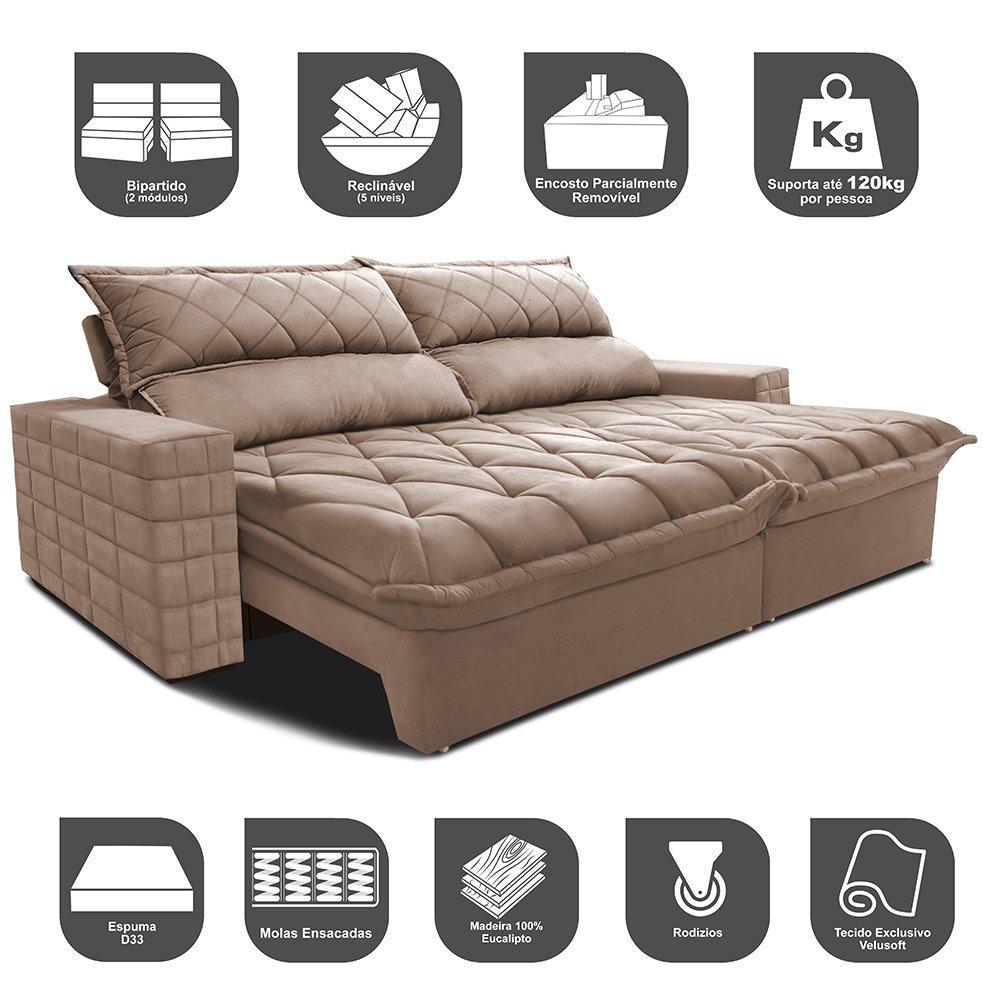 Sofá Retrátil e Reclinável 3,15m Molas Ensacadas Cama inBox Elegance com ThermoGel Velusoft Bege - 3