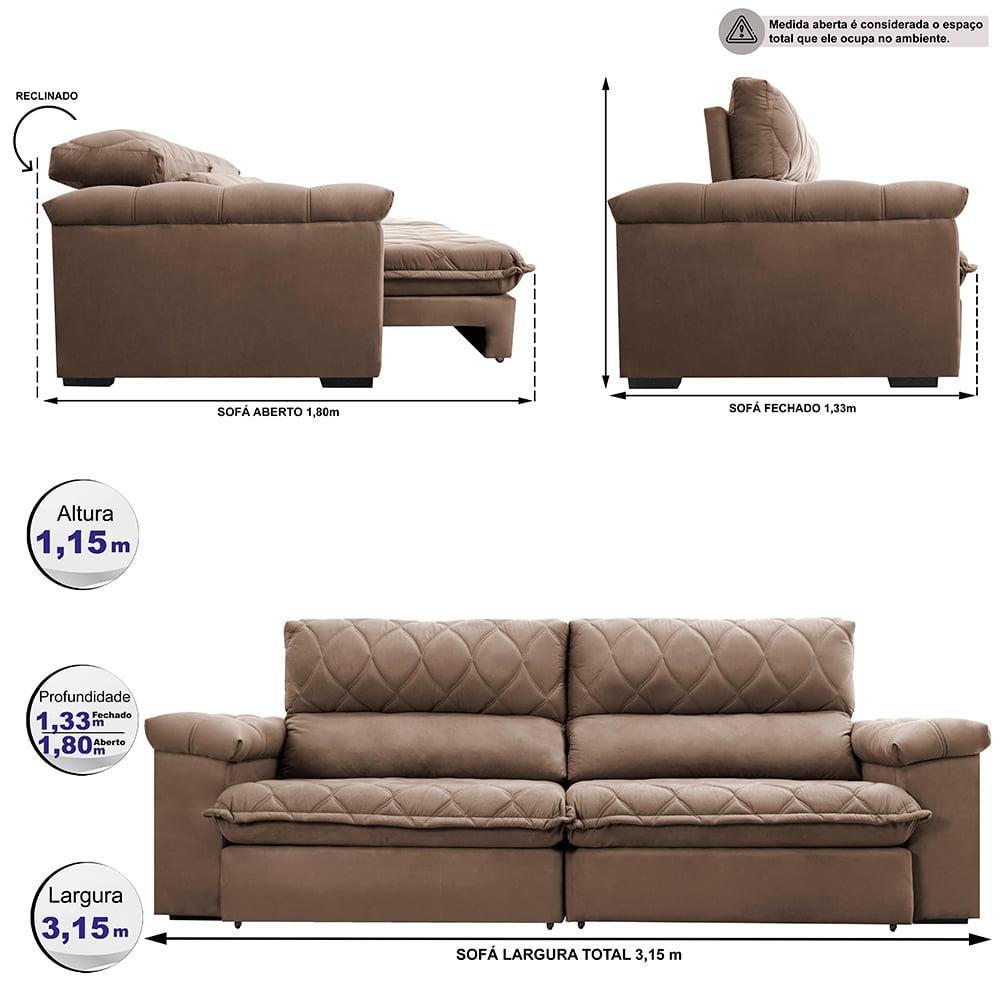 Sofá Retrátil e Reclinável 3,15m Molas Ensacadas Cama inBox Big Home com Bordado 3D Velusoft Castor - 2